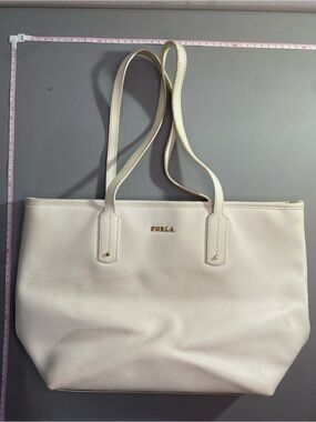 Furla Ivory Genuine Leather Tote with Gold Logo Made in Italy